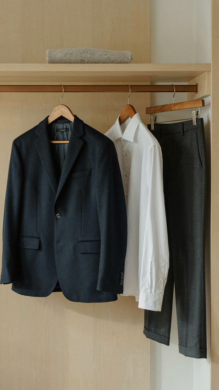 A classic navy blazer, white shirt, and dark trousers hang in a well-organized closet.