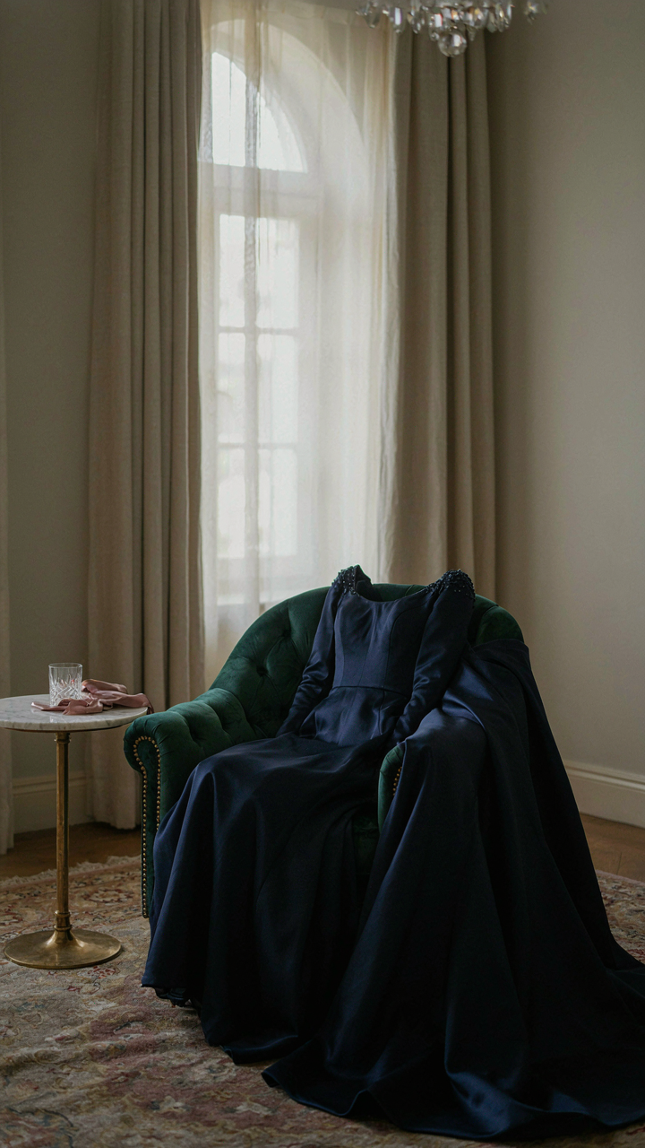 A midnight blue silk gown draped elegantly over a chair in a hotel room.