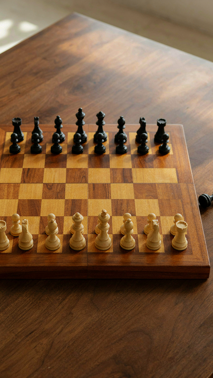 Chess pieces arranged on a chessboard, showing coordinated alignment.