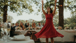A woman in a red wedding guest dress dances freely at an outdoor reception.