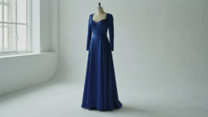 An elegant, structured blue wedding guest dress for large bust is displayed on a mannequin.