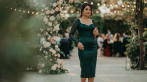 Woman in a stylish wedding guest dress for pear shape, standing confidently in an elegant venue.