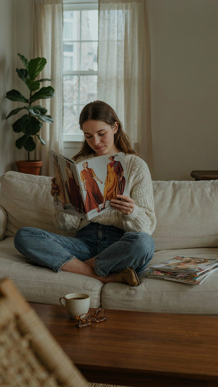 A person browses vintage fashion magazines from the 1970s, looking at a dress.