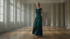 An elegant woman over 50 walks confidently in a jewel-toned long dress.