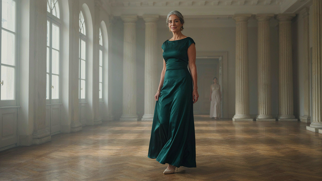An elegant woman over 50 walks confidently in a jewel-toned long dress.