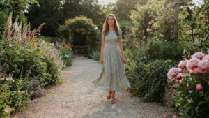 A woman in a beautiful and affordable wedding guest dress smiles in a sunny garden.