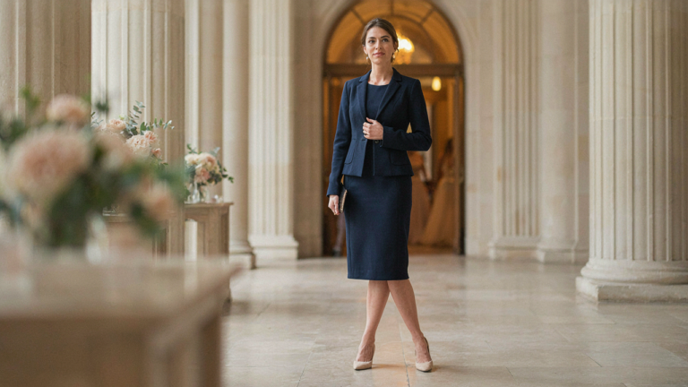 Woman in a structured navy wedding guest dress with jacket at an event venue.