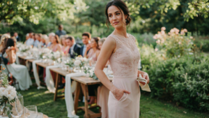 Woman in an elegant wedding guest dress with pockets, confidently using a pocket.