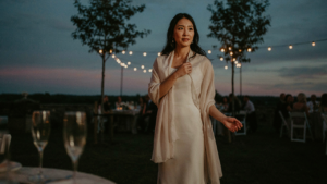 A woman wears a wedding guest dress with a flowing shawl at a cool outdoor venue.