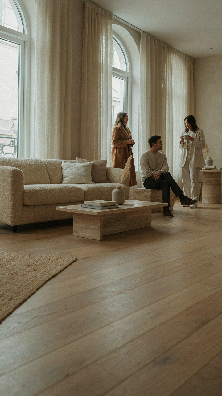 People in neutral clothing blend into an elegant, sunlit event space.