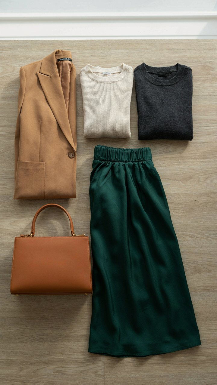 A neat wardrobe with a blazer, base layers, a skirt, and a handbag.