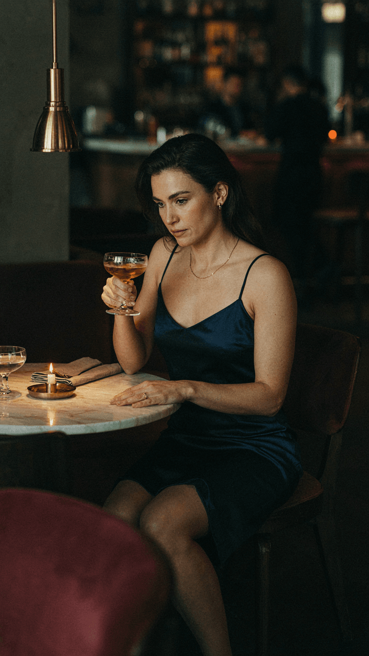 A woman in a simple, tailored navy silk dress sips a drink elegantly.