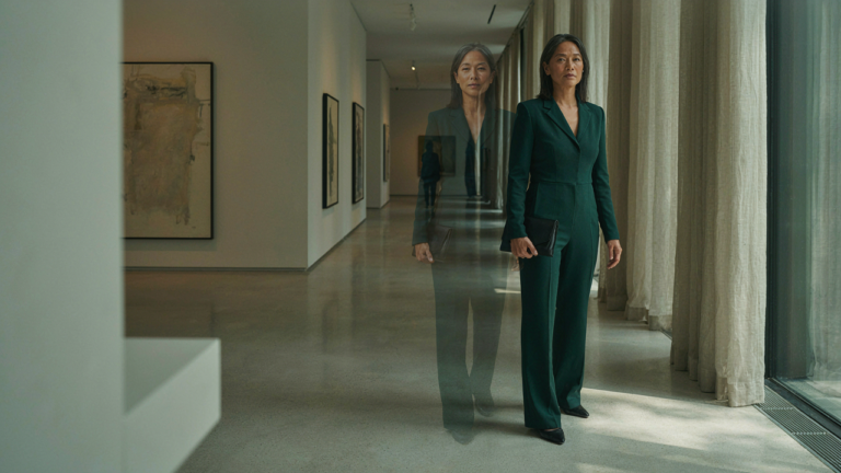 A woman over 40 wears a tailored emerald jumpsuit, walking through a modern art gallery.
