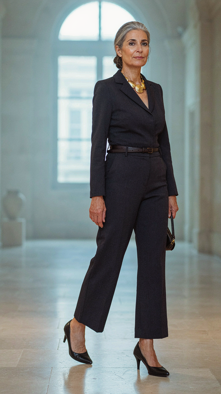 An elegant woman over 50 wears a tailored dark jumpsuit with a necklace.