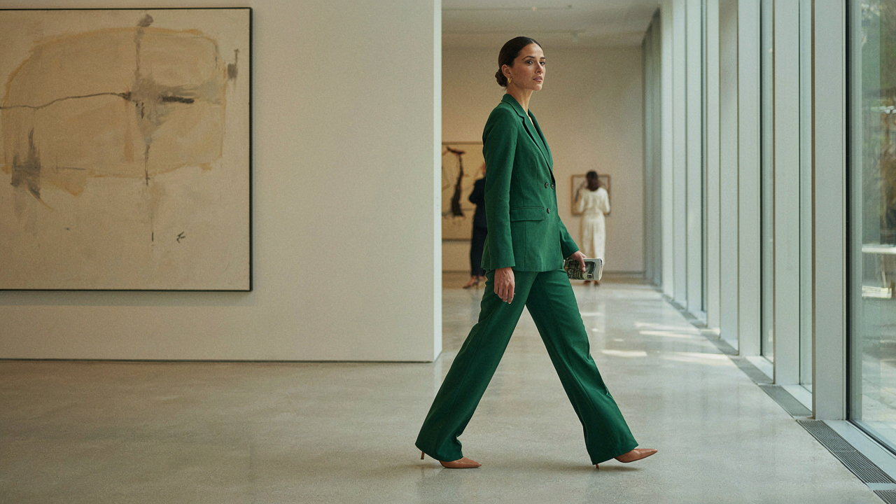 A woman in an emerald green wedding guest pantsuit walks confidently through an art gallery.