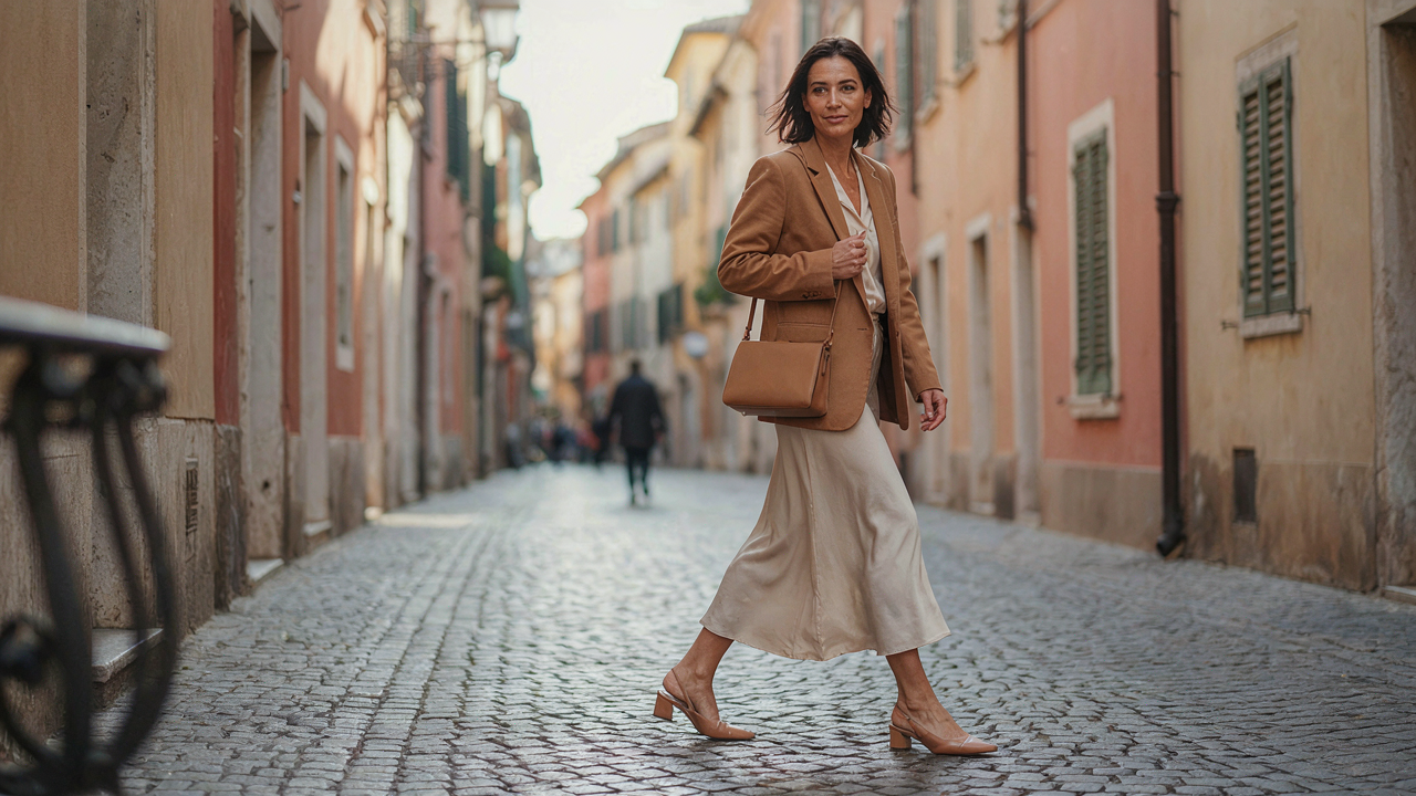 A woman confidently wears a chic blazer and a flowy skirt at an outdoor event.