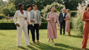Stylish wedding guests mingle in an elegant outdoor setting, some wearing wedding guest two piece