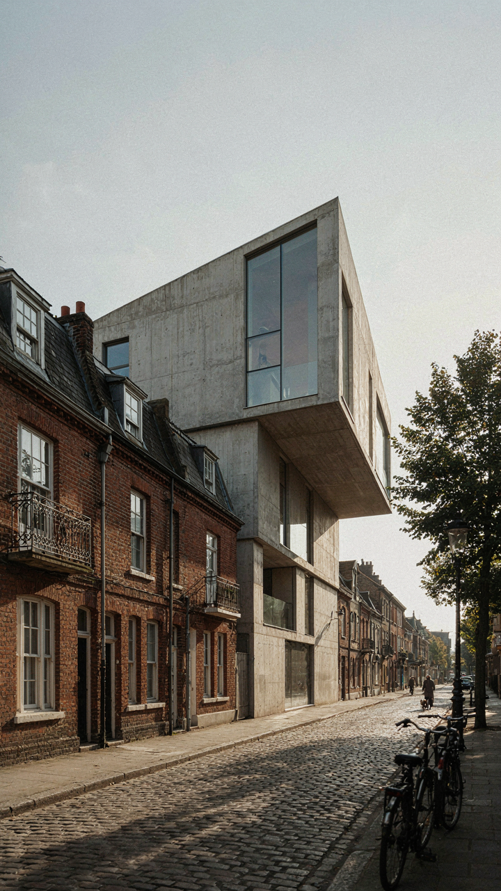 A modern building with an asymmetrical facade stands among traditional structures.