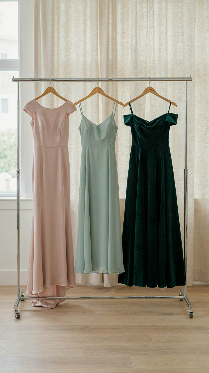 Three different wedding guest dresses hang neatly on a garment rack.