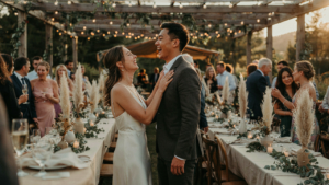 A happy bride and groom laugh at their outdoor wedding reception, with guests in the background.