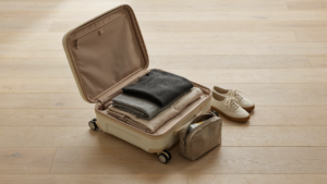 An open carry-on suitcase holds a few simple garments for a weekend city break capsule wardrobe.
