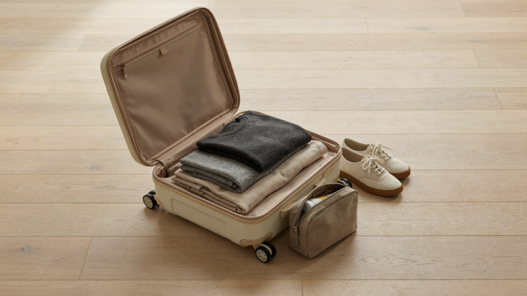 An open carry-on suitcase holds a few simple garments for a weekend city break capsule wardrobe.