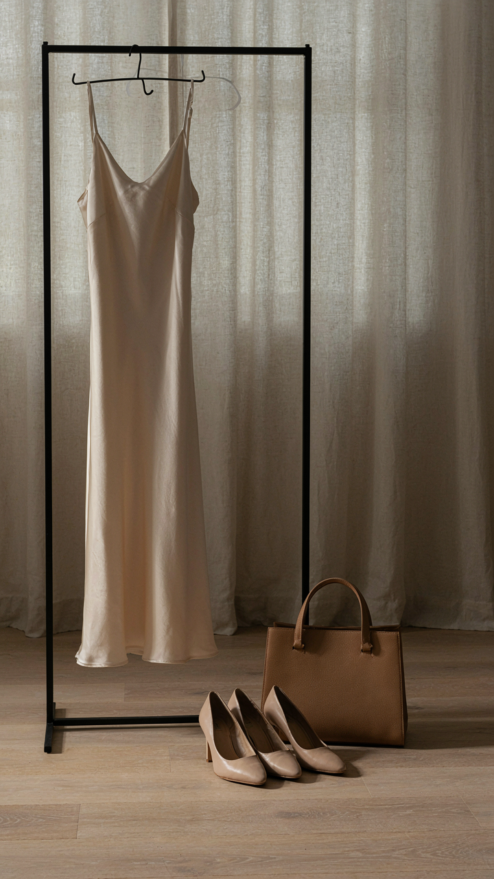 A cream silk slip dress, structured handbag, and polished shoes on a rack.