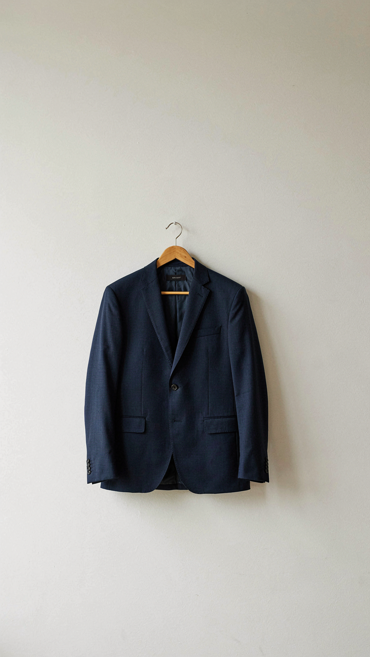 A perfectly tailored navy blazer hangs on a wooden hanger.