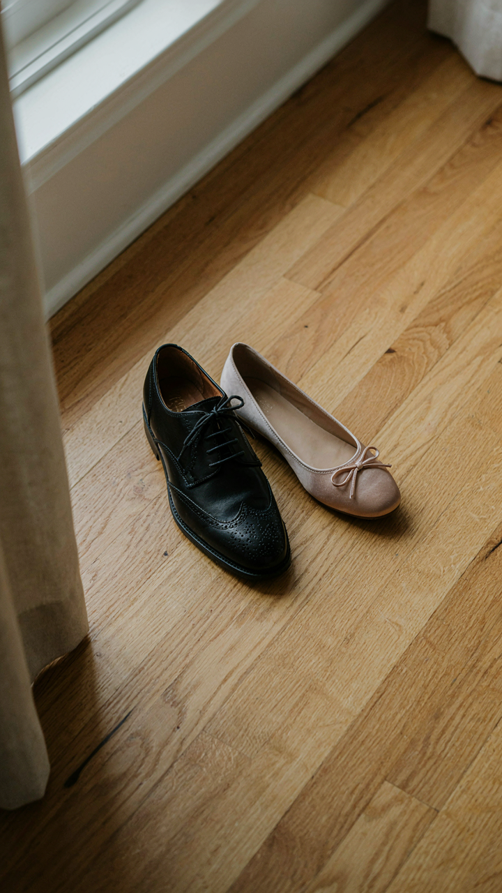 A shiny leather oxford shoe is placed beside a delicate ballet flat on a wooden floor.