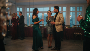 Well-dressed guests mingle at a festive holiday event, illustrating what festive attire means.