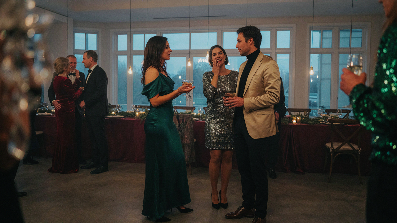 Well-dressed guests mingle at a festive holiday event, illustrating what festive attire means.