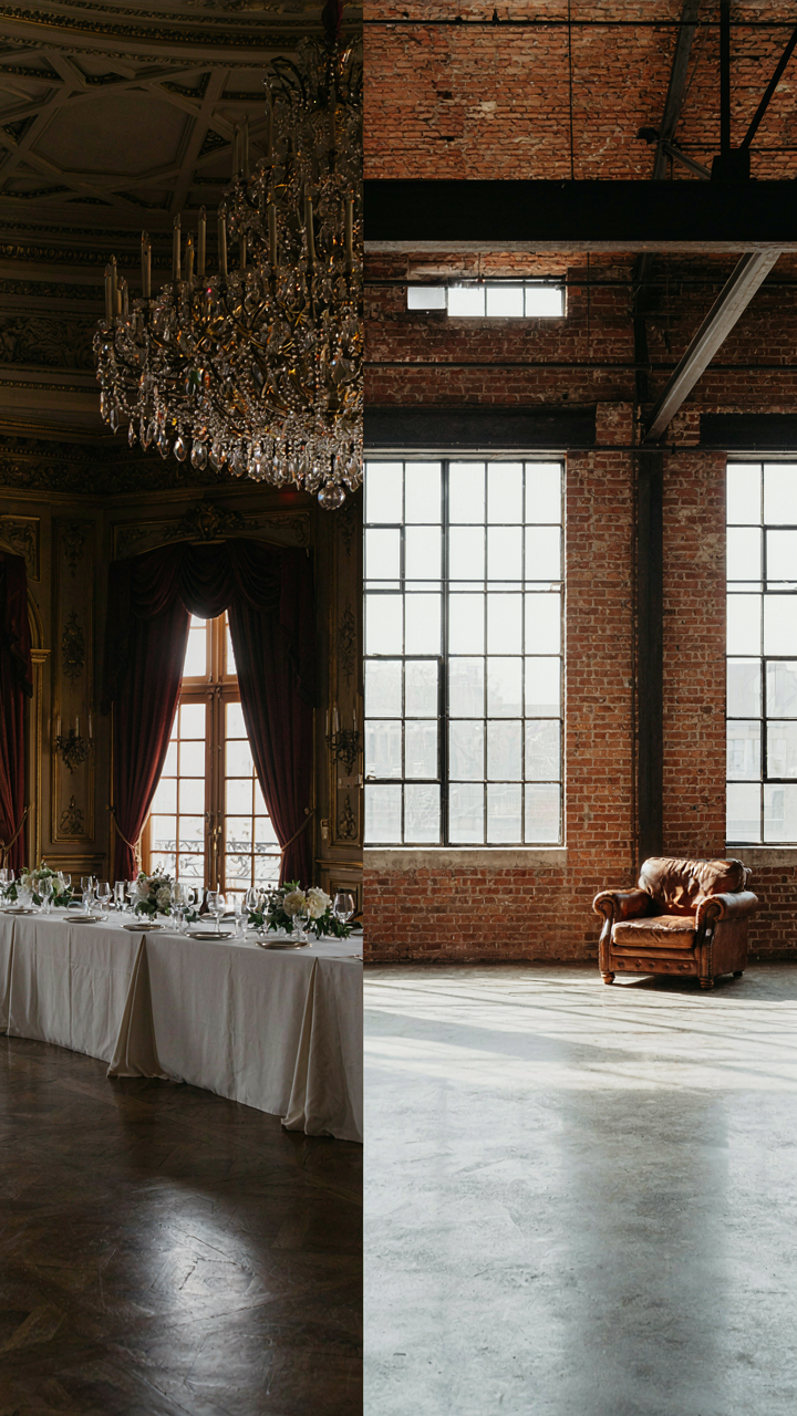 An ornate ballroom juxtaposed with a modern, industrial loft space.