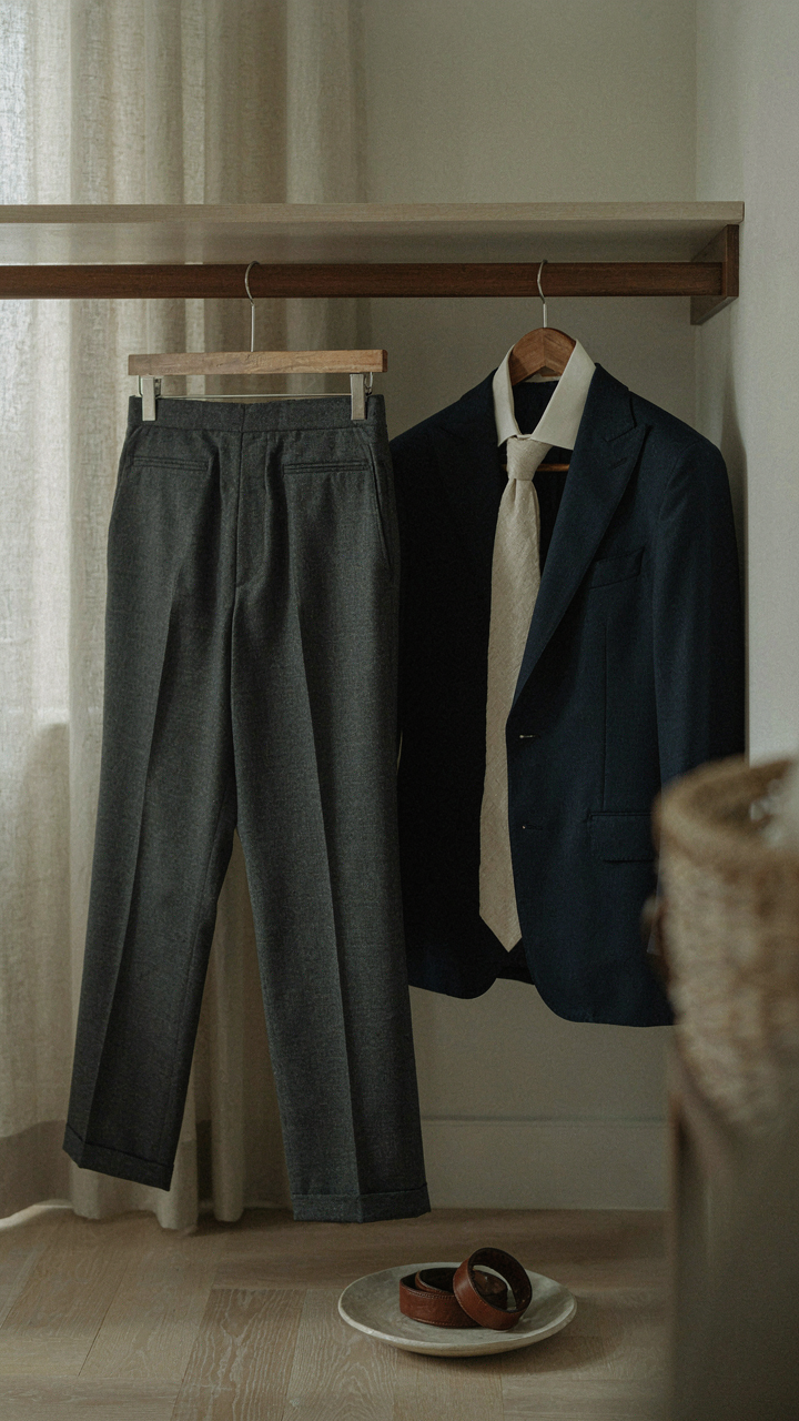 A closet shows organized wardrobe essentials like trousers, a blazer, and a silk tie.