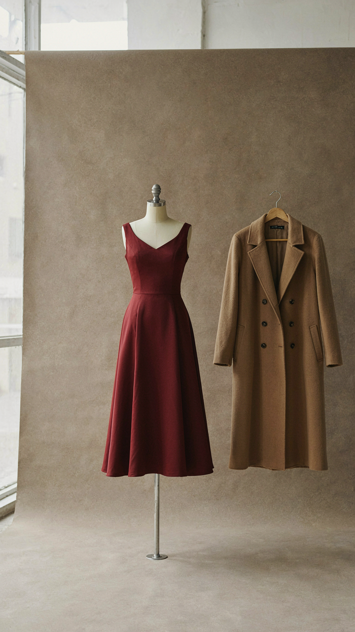 A burgundy cocktail dress is displayed beside a camel wool coat.