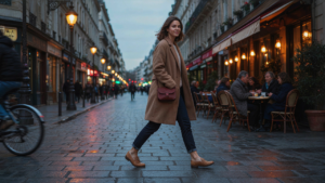 A person walks through a European city street, ready for solo dining abroad.