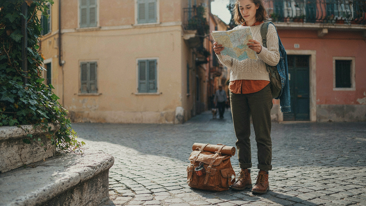 A traveler consults a map, wearing layered clothing suitable for what to wear in Europe in spring.