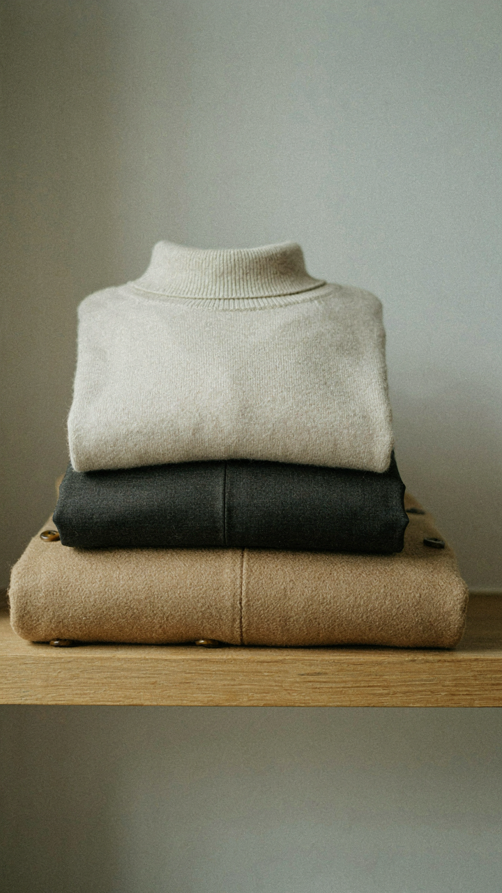 A merino roll neck, wool trousers, and camel overcoat stacked neatly.