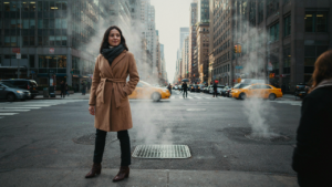 A person in a warm coat and scarf walks confidently on a winter day in New York City.
