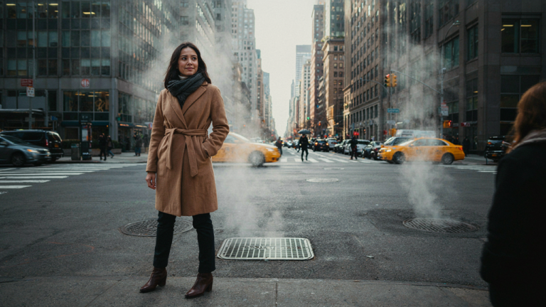 A person in a warm coat and scarf walks confidently on a winter day in New York City.