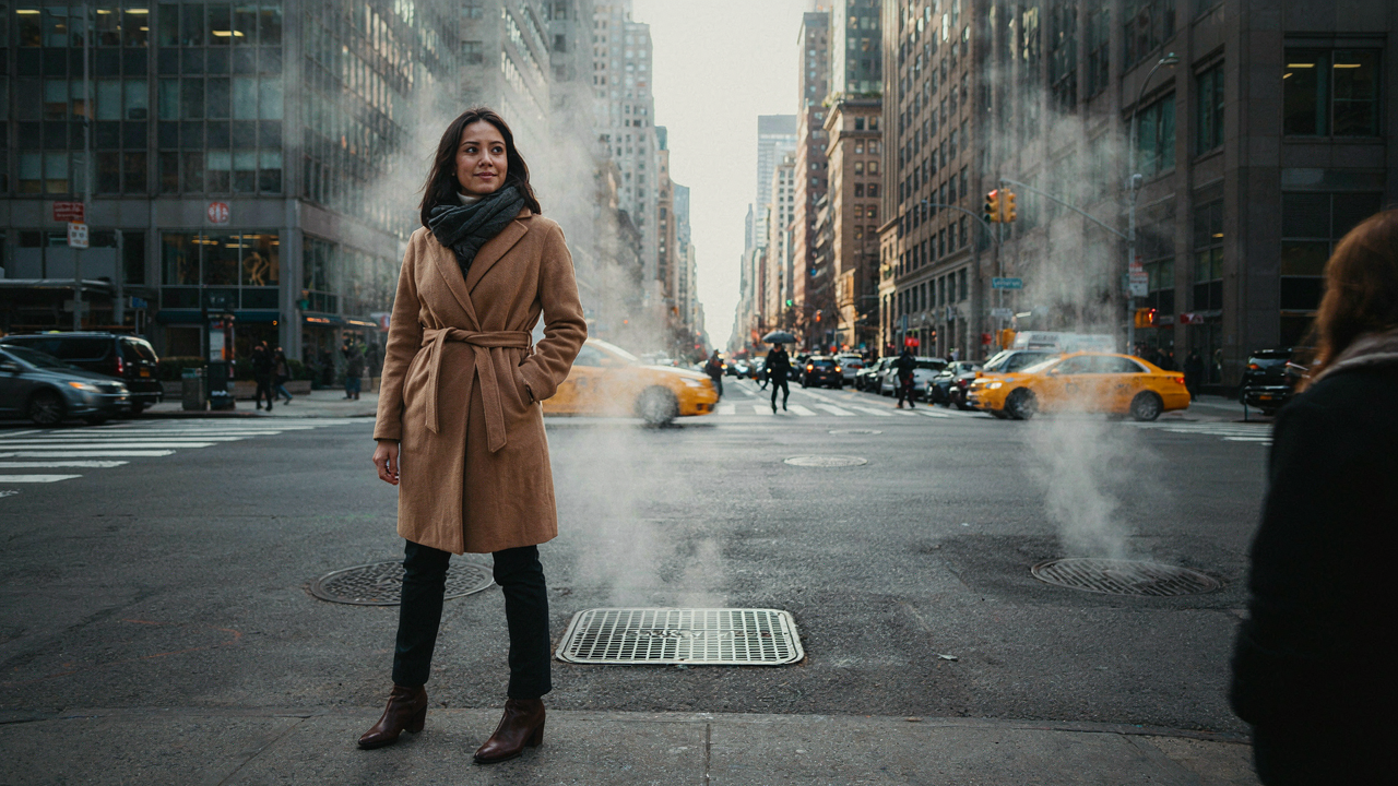 A person in a warm coat and scarf walks confidently on a winter day in New York City.