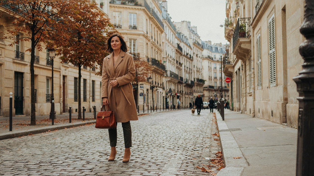 A woman in a chic fall coat walks on a cobblestone street in Paris.