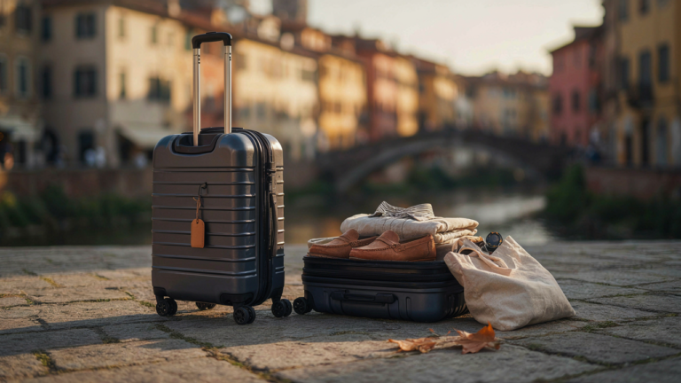 A thoughtfully packed suitcase for a river cruise, showcasing versatile clothing items.