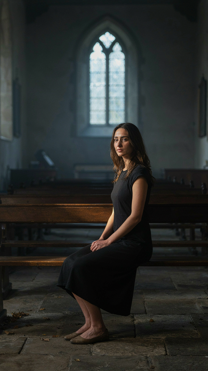 A woman sits comfortably and calmly on a wooden pew.