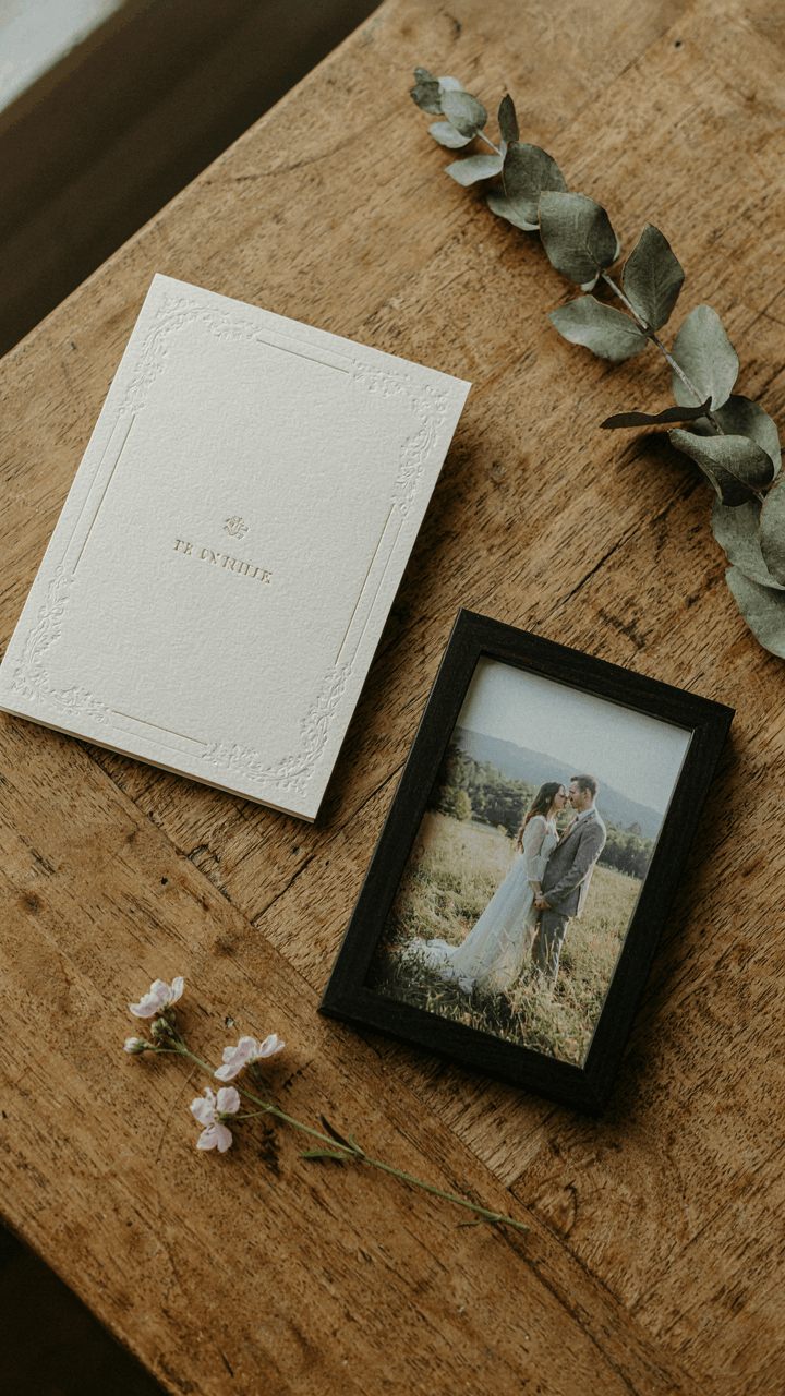 An elegant wedding invitation next to a photo of a couple outdoors.
