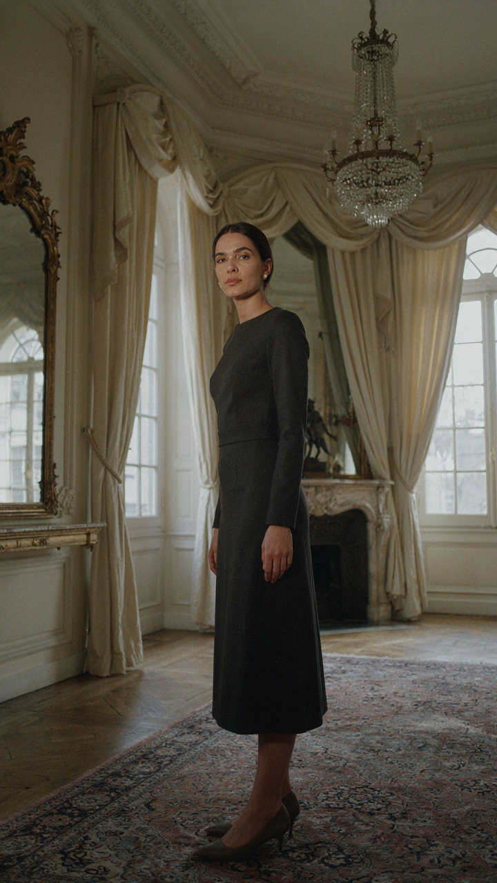 A woman in a tailored midi dress stands confidently in an ornate room.