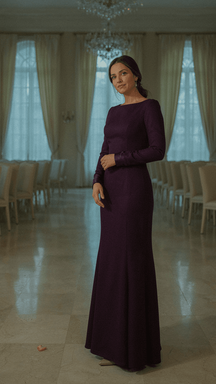 Woman in a floor-length, long-sleeved purple wool blend winter wedding guest dress.