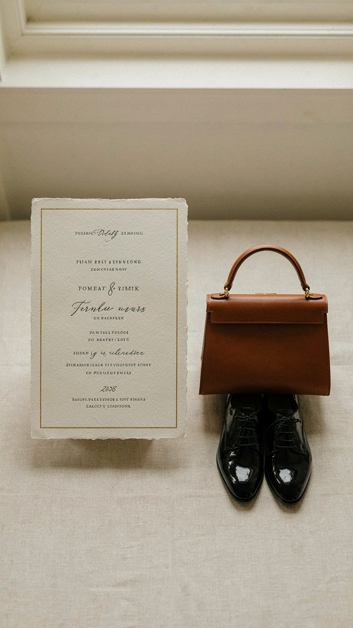 A formal invitation lies next to a structured handbag and dress shoes.