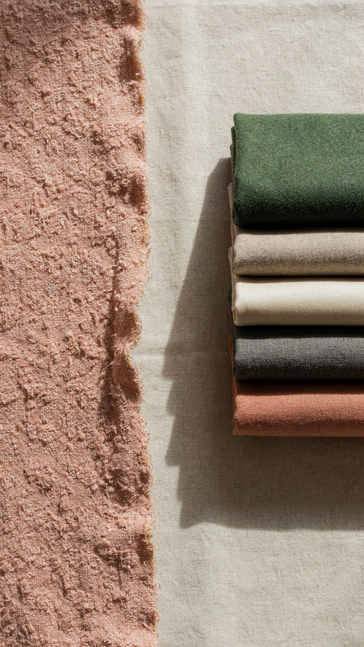Pilled fast-fashion fabric next to high-quality fabric swatches.