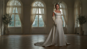 A woman wears a white tie gown with opera gloves and sparkling jewelry in a ballroom.