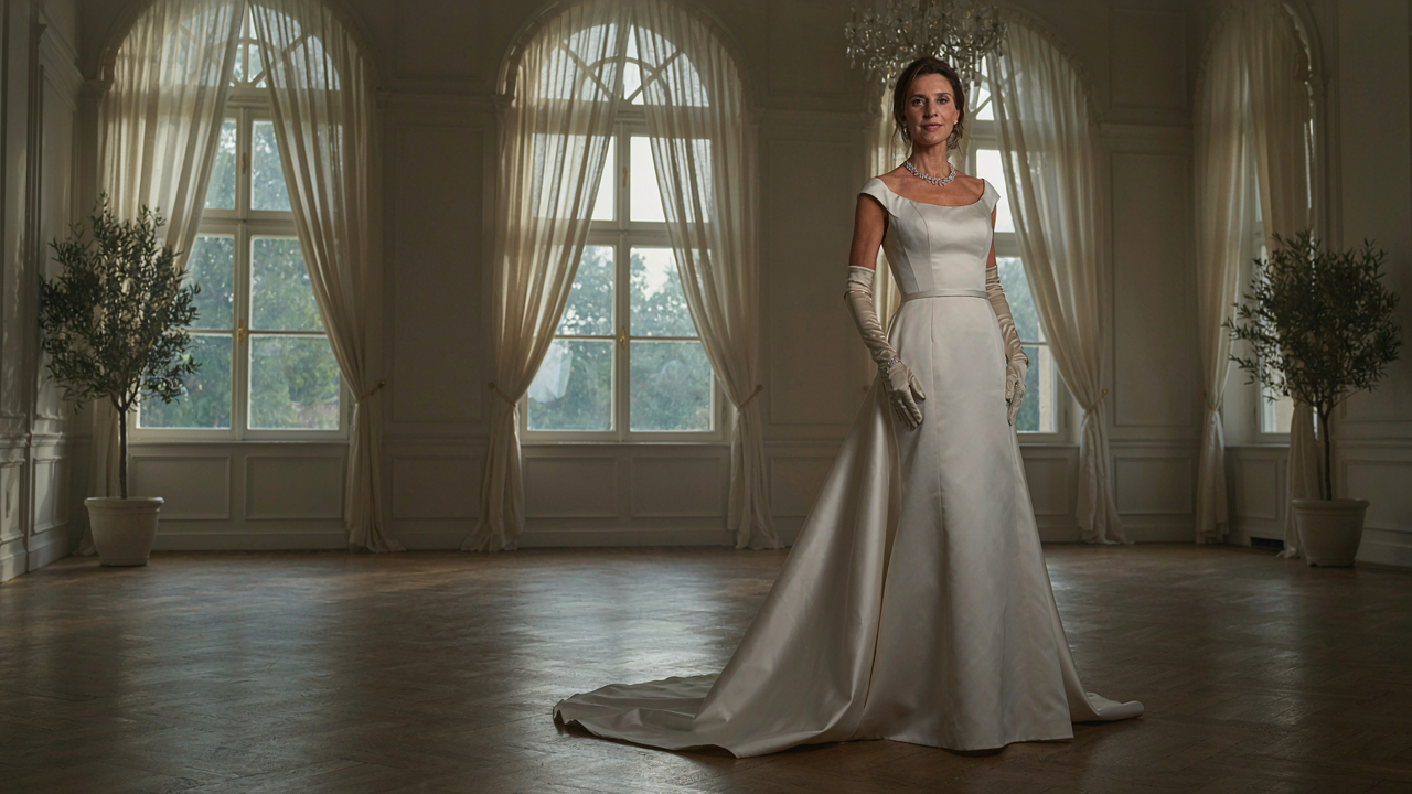 A woman wears a white tie gown with opera gloves and sparkling jewelry in a ballroom.